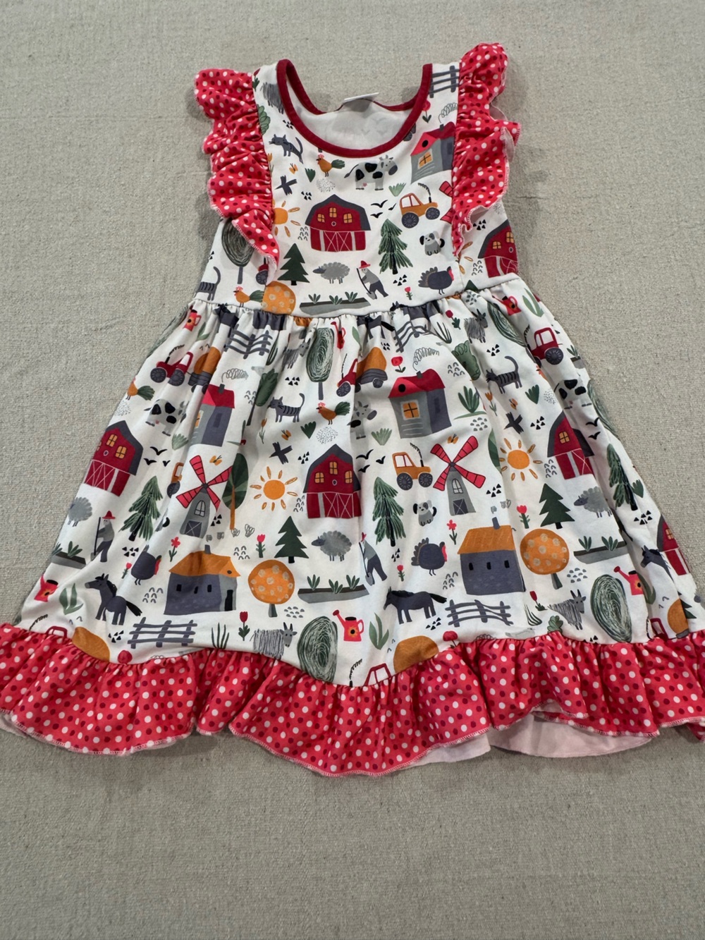 Girls' Farm Print Casual Dress with Pink Ruffle Trim